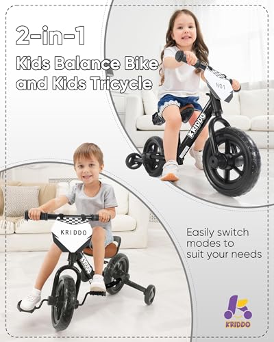 Image of KRIDDO 2-in-1 Kids Tricycle and Toddler Balance Bike 2 Year Old, Detachable Pedals and Stowable Training Wheels, DIY Plate, Riding Trikes Toy for Ages 18 Months to 3 Years