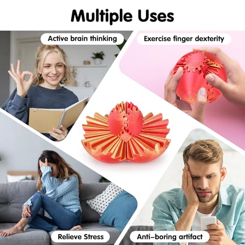 Image of Gear Ball 3D Printed Spin Ball or Cube Fidget Toy,Gear Sphere Fidget Toy,Fidget Ball Gear Toy for Stress and Anxiety Relief, Stress Ball GearSphere Desk Toy for Adults & Kids(Golden Red, 3.1 Inch)