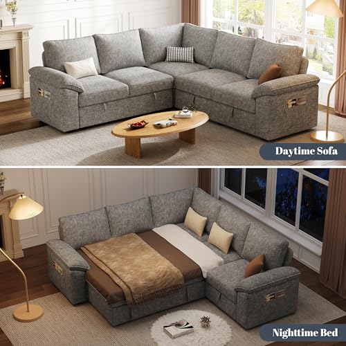 Image of 85 Inch Modular Sectional Sofa with Pull Out Bed, L Shaped 5 Seat Sectional Sleeper Sofa with Storage, Sectional Couches for Living Room, Cloud Modular Couch,Removable Sofa Cover,Light Grey