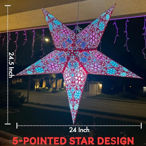 Image of GalaxyArts Paper Star Lanterns, 24 Inch Red Chakra 3D Light-Up Hanging Lamp, Handcrafted Hollow Out 5-Point Star Decoration for Christmas, Wedding, Birthday, Parties, Indoor Outdoor Holiday Home Decor
