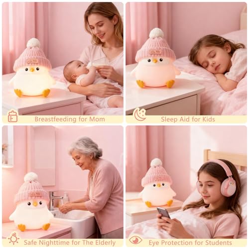 Image of FAMIDUO Penguin Night Light,Cute Pink Penguin Lamp with Hat,Kids Room Decor | Safe Silicone Nursery Nightlight ,Rechargeable /Dimmable /Timer LED Squishy Animal Bedside Touch Lamp,Funny Gift for Girls