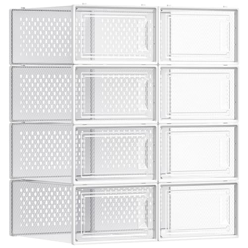 SONGMICS Schuhboxen, Schuh-Organizer aus Kunststoff, faltbar und stapelbar, für Schuhe bis Größe 43, 8er Set, transparent-wolkenweiß LSP08SWT