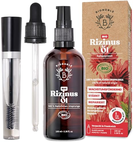 Bionoble Rizinusöl Bio 100ml - 100% Rein, Natürlich, Kaltgepresst - Wimpern, Augenbrauen, Haare, Bart, Nägel - Vegan, Cruelty Free - Castor Oil - Glasflasche + Pipette + Pumpe + Mascara Kit