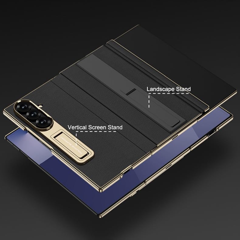 Skórzane etui na telefon Samsung Galaxy Z TriFold z wbudowaną osłoną ekranu ze szkła hartowanego, magnetyczne etui z klapką z podwójnym składanym stojakiem, ochrona całej obudowy (czarne, platerowana