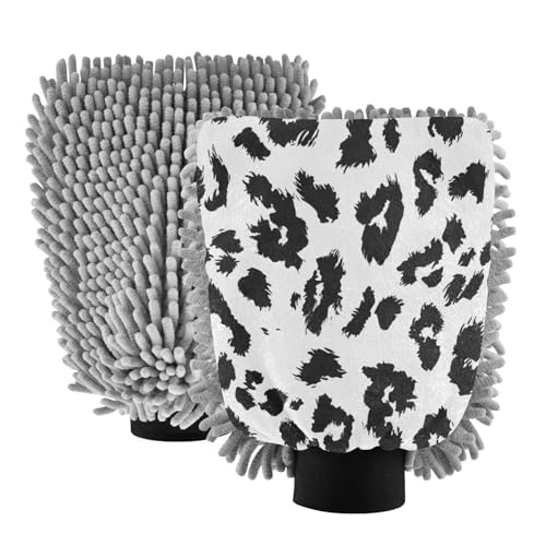 ALAZA Black & White Leopard Print Cheetah Car Wash Mitt Scratch Free, 2 Pack Absorbent Microfiber/Chenille Washing & Drying Mitts, M