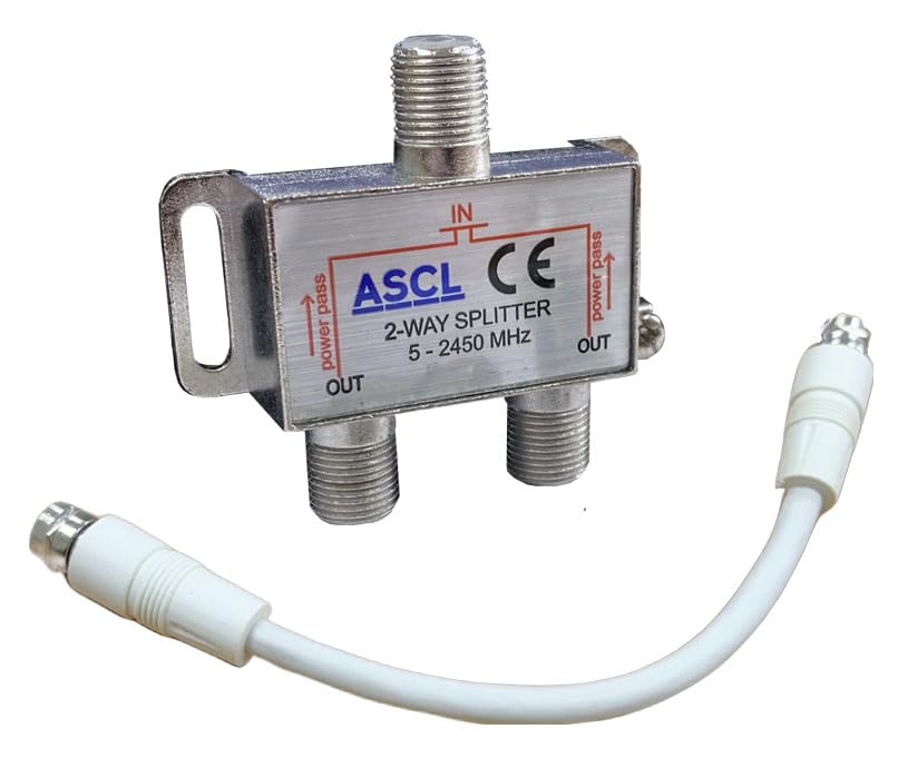 ASCL 1 in 2 Output TV Aerial Coaxial Cable 2 Way Splitter with White F Plug Connector Patch Cable