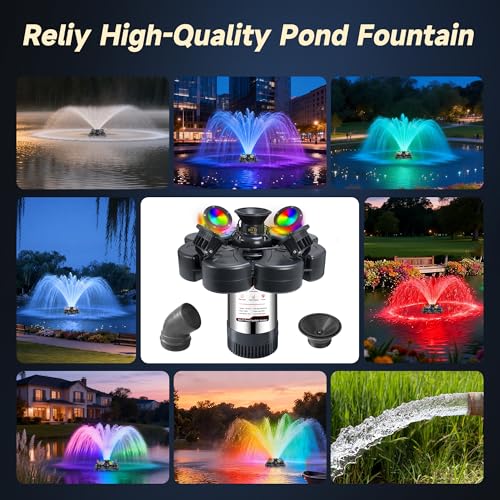 Image of RELIY Pond Fountain Aerator, With 4 RGB Lights 1HP 110V 15000 GPH Stainless Steel Fountain Pump, Fully Automatic Powerful Lake Floating Fountain, 100 FT Power Cord, Programmable Timer Switch
