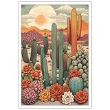 Southwestern Desert Wall Art, Saguaro Cactus Poster Canvas, Arizona Succulent with Flower Painting, Colorful Plant Landscape Picture Print for Men's Bedroom Living Room Decor 12x16 Inch Unframed