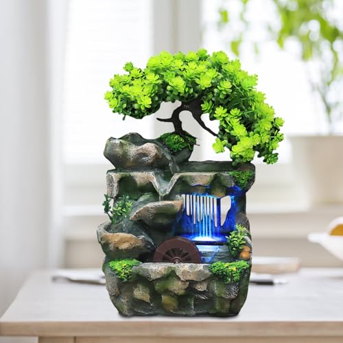 Grüne Pflanze Brunnen, Tisch Zimmerbrunnen Wasserfall mit Farbwechsel LED Beleuchtung, Tischbrunnen mit Feng Shui Rad, Springbrunnen für Platzierung Wohnzimmer, Büro Reinigt die Luft (15 x 18 x 30cm)