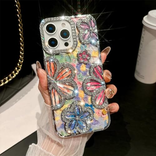 Image of COVERLY Luxury 3D Rhinestone Floral Diamond Bling Phone Case for iPhone 12 Pro - Sparkling Oil Painting Flower Glitter Cover, Electroplated TPU, Cute Camera Protection Cover for Women & Girls (Silver)