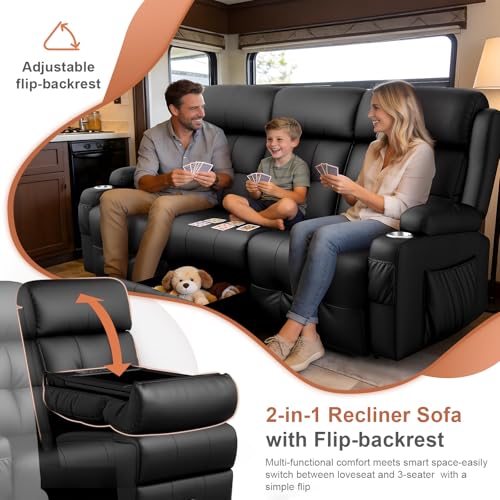 Image of Home Theater Seating, 3 Seat Power Recliner Sofa with Massage & Heat, Wall Hugger Reclining Loveseat with USB, RV Couch with LED Lights, Flip Backrest, Cup Holders for Movie Theater & Gaming Room