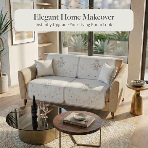 Image of Kuber Industries 2+1 Seater Sofa Cover | Slipcover for Living Room | Thick & Cozy | Non-Slip Comfort Sofa Cover Set | Painting Delta 1380 - Cream