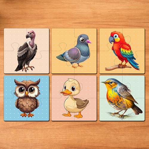 Image of Wooden Jigsaw Puzzle Set of 6 for Kids | Pack of 6 Puzzles with 4 Pieces Each | Learning Toy for 2 3 4 5 Year Old Boys & Girls (Birds Theme)