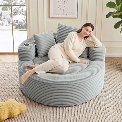 Image of Trustyue Boneless Couch,Comfy Fluffy Sofa Bed,Upholstered Sleeper Sofa with Cup Holder and Throw Pillows,Corduroy Plush Cloud Lounge Chair