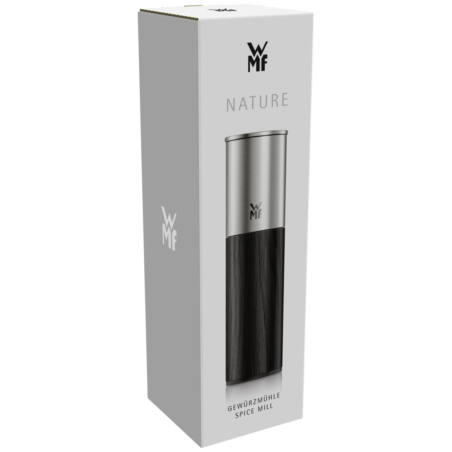 WMF Nature Pro Gewürzmühle – Salz- und Pfeffermühle mit Keramikmahlwerk, einstellbarem Mahlgrad, leicht befüllbar, Aromaschutzdeckel, Edelstahl & schwarzes Holz, manuell