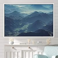 Framed Canvas Wall Art Blue Sunset Abstract Aerial Colorful Digital Art Landscape Minimalist Mountain Top Multicolor - 16x24 inches