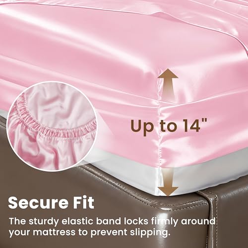Image of Love's cabin Twin Satin Sheets Sets - 3 Piece Pink Silky Bed Sheets with Deep Pockets, Luxury Silk Feel Satin Twin Size Sheet Set Bedding Set (1 Flat Sheet,1 Fitted Sheet,1 Pillow case)