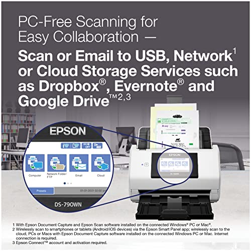 Image of Epson DS-790WN Wireless Network Color Document Scanner for PC and Mac with Duplex Scanning,Computer-Free Function, 100-page Auto Doc Feeder (ADF) and 4.3 inch Colorful LCD Touchscreen