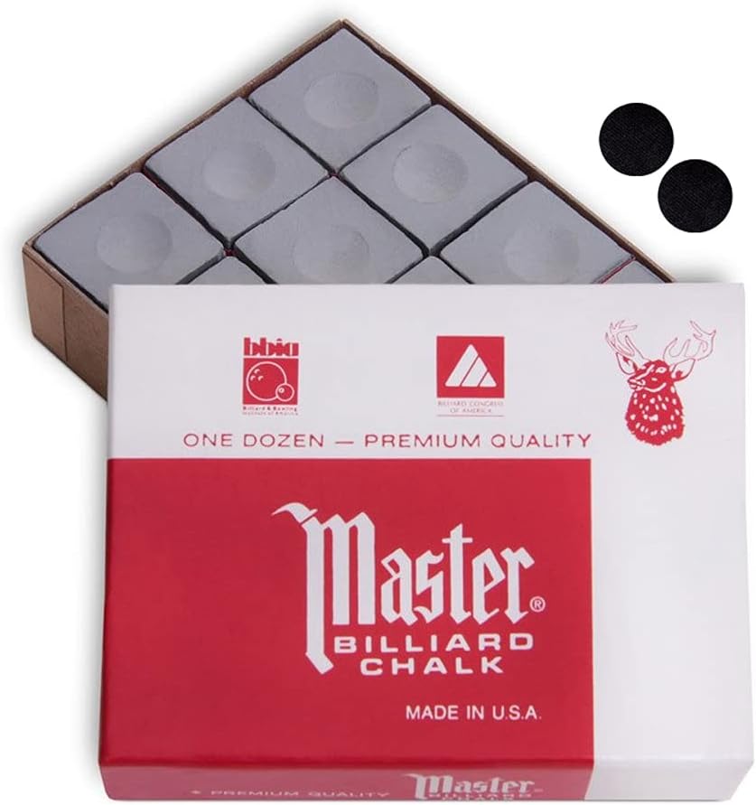 Master Billiard Pool Cue Chalk Premium Quality - 1 Dozen - Made in The USA + 2 pcs of Quality Billiard Pool Table Spots by Tweeten Fibre Co.