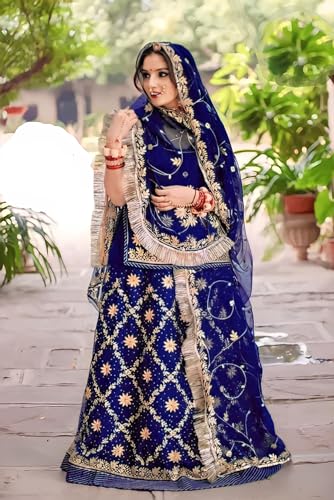 Image of Heavy Embroidery Work Semi Stitched Shimmer Silk Rajputi Poshak For Women Rajasthani Lehenga Choli