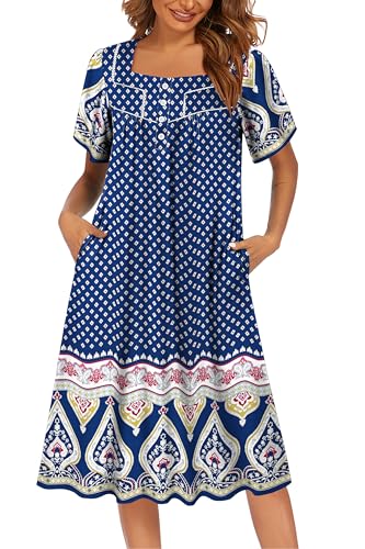 Image of Ekouaer Women's House Dress with Pocket Button Mumus | Short Sleeve Nightgown, Floral Print Mumu Dresses, Square Casual Sleepwear, Boho Roomy Housecoat, Plus Size Soft Sleepwear