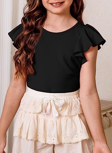 Image of blibean Girls Ruffle Short Sleeve Shirts Summer Tops Size 4-15Y | Cute Butterfly Sleeve Tee, Kids Fashion Casual Tshirt, Solid Blouse for Tween Teen, Dessy Outfits
