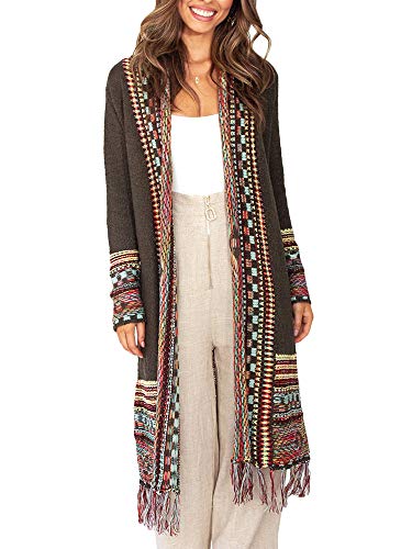 Ferbia Women Boho Cardigan Sweater Long Open Front Maxi Knit Sweaters Aztec Tribal Tassel Fringe Thin Coat