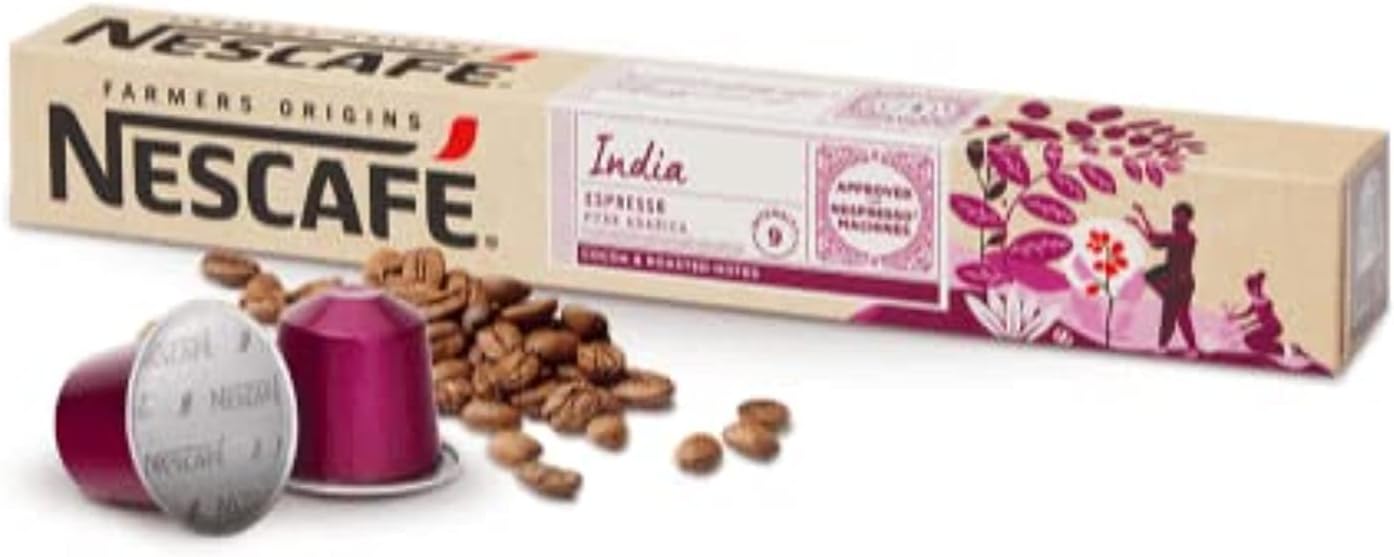Nescafe Farmers Origins Coffee Capsules | India Espresso | Pure Arabica with Cocoa & Roasted Notes - 10 Pods Per Pack