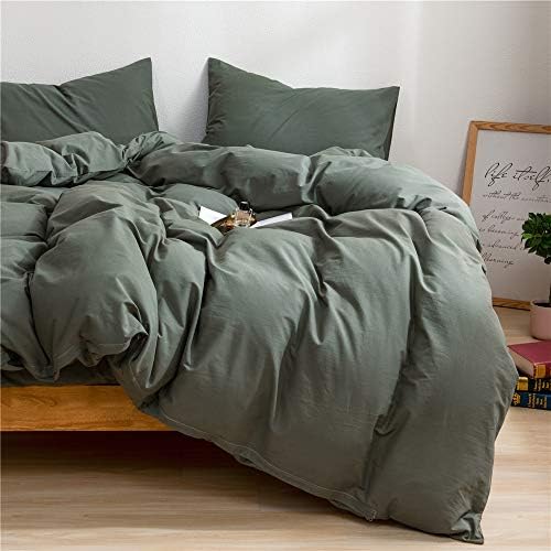 Ruccit Sage Green Duvet Cover Set Double Bed 100% Washed Cotton Double Duvet Cover Kids Teens 3pcs Simple Plain Farmhouse Bedding Set Zipper Closure-Soft,Easy Care,Breathable