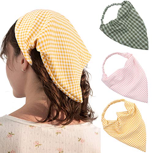 HAIMEIKANG 3 Pieces Floral Elastic Hair Scarf Headband Chiffon Head Kerchief Hairband Head Scarf Hair Bandanas with Hair Clips for Women （Green+Pink+Yellow)