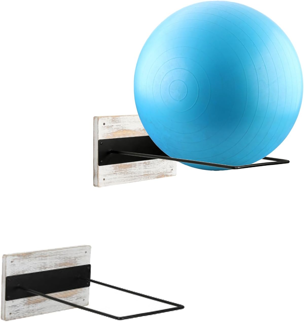 MyGift Shabby White Washed Solid Wood and Black Metal Wire Wall Mounted Large Stability Ball Holder, Yoga Studio Gym Equipment Storage Organizer Rack for Exercise Balls, Set of 2