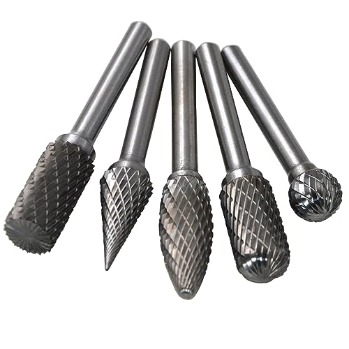 WKSTOOL 5pcs 1/2 Dia,Carbide Burrs, Ball,Flat Rounded Cutter Cylinder,Pointed Tapered Cone,Flame,Heavy Duty Grinding Double Cut Heads Chamfering Deburring for Steel Metal Metalworking Rotary Tools