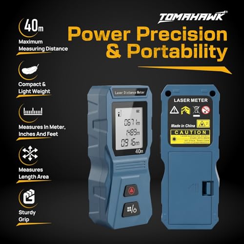 Image of TOMAHAWK MIN 0040 Laser Distance Meter Measurer 40M /131Ft with Area, Volume and Pythagoras Measurement - Water and Dust Resistant Laser Measuring Device with Backlit LCD, Battery Included