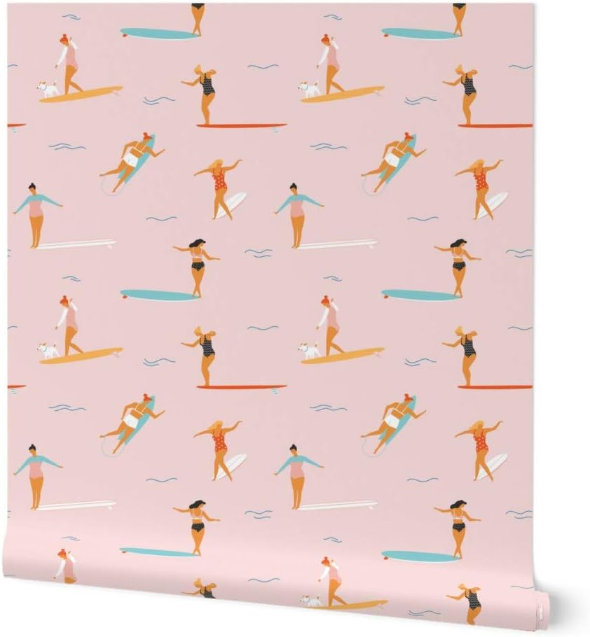 Peel & Stick Wallpaper 3ft x 2ft - Surfers Pink Surfing Surf Women Sea Sport Retro Vintage Beach Summer Baby Custom Removable Wallpaper by Spoonflower