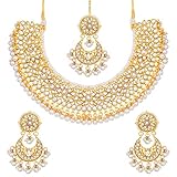 Aheli Faux Kundan Beads Strand Necklace Earrings Maang Tikka Bollywood Traditional Fashion Statement Jewelry Set Gift for Women (White)