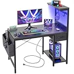 TIQLAB Gaming Desk 40 inch with Power Outlet and LED Light, Computer Desk with Reversible Shelves and Storage Drawer, Small PC Desk for Home Office Table with Bag, Carbon Fiber Black