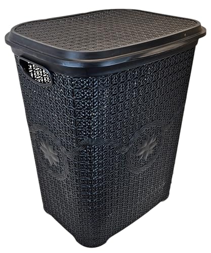 Best House | 65L Laundry Basket with Lid | BLACK | 65 Litres | Large | Plastic Hamper | Knitted/Rattan Style | Clothes Storage Washing Bin Basket Hamper for Bathroom Bedroom (Pack of 1) - Image 5