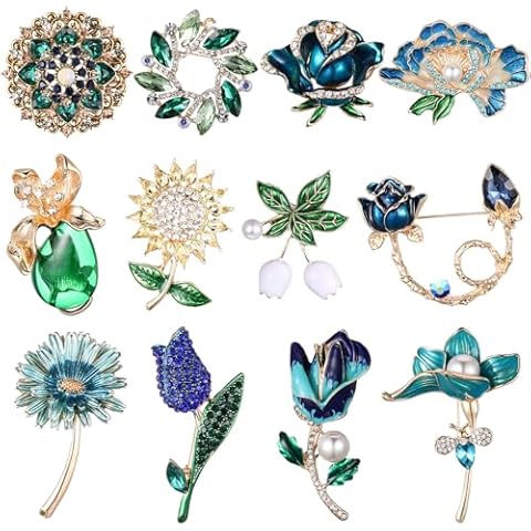 Junkin 12 Pcs Women Brooches Bulk Set Rhinestone Pin Crystal Vintage Christmas Brooch Retro Pin Gifts for Women Girls(Flower) Cover