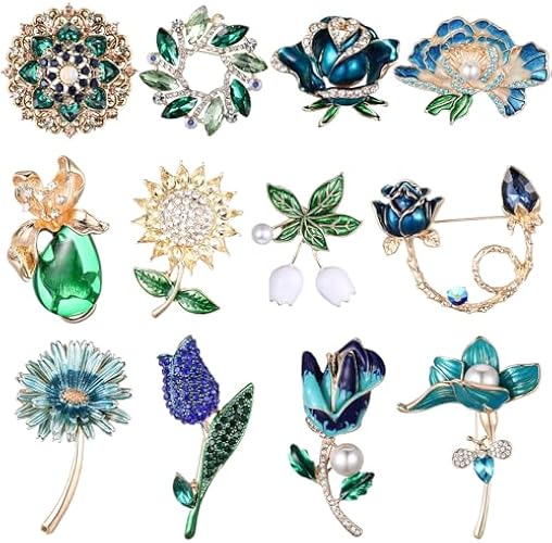 Junkin 12 Pcs Women Brooches Bulk Set Rhinestone Pin Crystal Vintage Brooch Retro Pin for Women Girls Mother's Day Gifts (Flower)