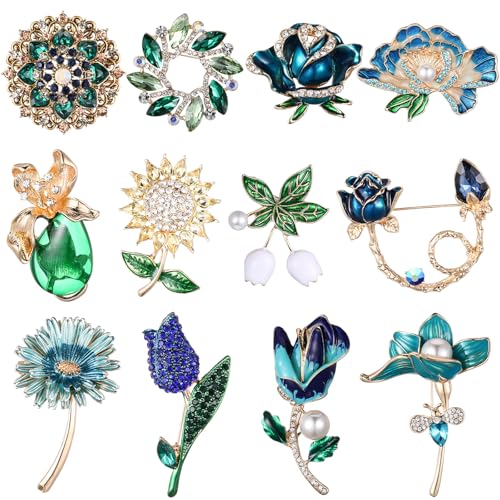 Image of Junkin 12 Pcs Women Brooches Bulk Set Rhinestone Pin Crystal Vintage Brooch Retro Pin Women Girls Gifts for Christmas