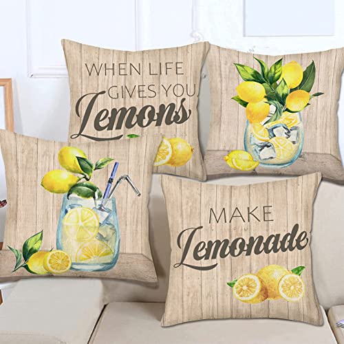 Doitely Summer Lemonade Pillow Covers 18X18 Set Of 4 Lemon Pillows Decorative Throw Pillows When Life Gives You Lemons/Make Lemonade Cushion Case For Farmhouse Outdoor Sofa Chair Decor #TOP3