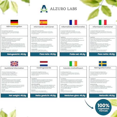 Alzuro Labs Lycopin 15 mg – 180 Vegane Kapseln | Hochdosierter Tomatenextrakt 200:1 | Entspricht 30.000 mg Tomate | Antioxidans & Unterstützung der Herzgesundheit | Unabhängig Laborgeprüft | GMP Zerti
