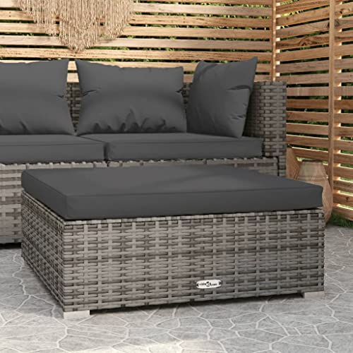 SKM Garden Footrest with Cushion Grey 70x70x30 cm Poly Rattan (Weight-14KG)