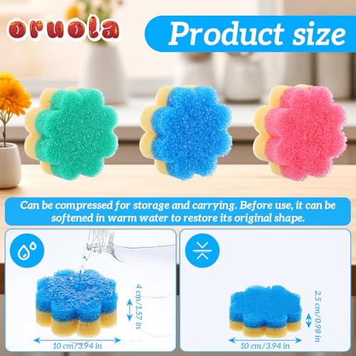 Image of Oruola 3pcs Flower Sponges, Dual-Sided Temperature Scrubbies for Dishes | Flower Kitchen Scrub Pads, Dish Washing Sponge,Dual-Sided Temperature Scrubby Sponges for Dish Bathroom Kitchen Washing Plus