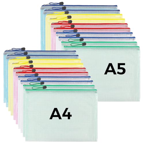 Pochette Document Zippée A4,A5, 20PCS PVC Transparentes Document Dossier,Pochette Plastique 5 Couleurs,Ranger Papiers petits Objets des Fournitures,Cosmétiques et Accessoires de Voyage etc
