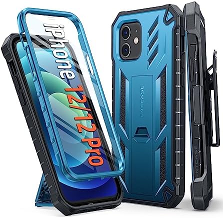 FNTCASE for iPhone 12 Phone Case: for iPhone 12 Pro Phone Case Military Grade Drop Proof Rugged Protective Cover with Kickstand | Matte Textured Shockproof TPU Hybrid Bumper Cases 6.1 inch - Blue