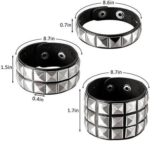 Hicarer 3 Pieces Leather Studded Punk Bracelet for Men Women 80s Studded Wristband Goth Punk Rock Bracelet Spike Rivet Cuff Bangle Unisex Metal for Halloween Party Favors Accessories