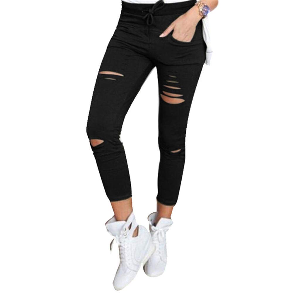 N/AA Women's High Waisted Cutout Ripped Skinny Leggings Yoga Active Pants Ripped Pencil Pants (Black, L)