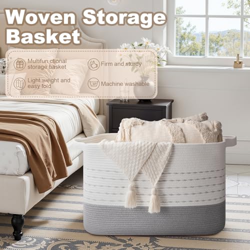 Image of OIAHOMY 108L Extra Large Blanket Basket, 25 inchx16 inchx16 inch Rectangle Woven Cotton Rope Baskets for Living Room, Toy Storage with Handle- Gradient Grey
