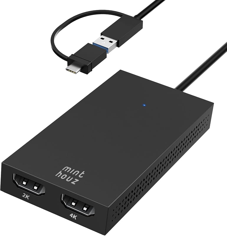 Minthouz USB 3.0/USB C Dual HDMI Adapter - 4K+1080p Kettős Monitor Elosztó Windows és MacBook M1/M2/M3 Kompatibilis, Dell HP Surface Lenovo